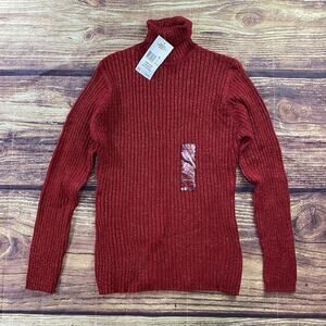 BASIC EDITIONS Red Glitter Turtle Neck Sweater Ribbed Christmas L